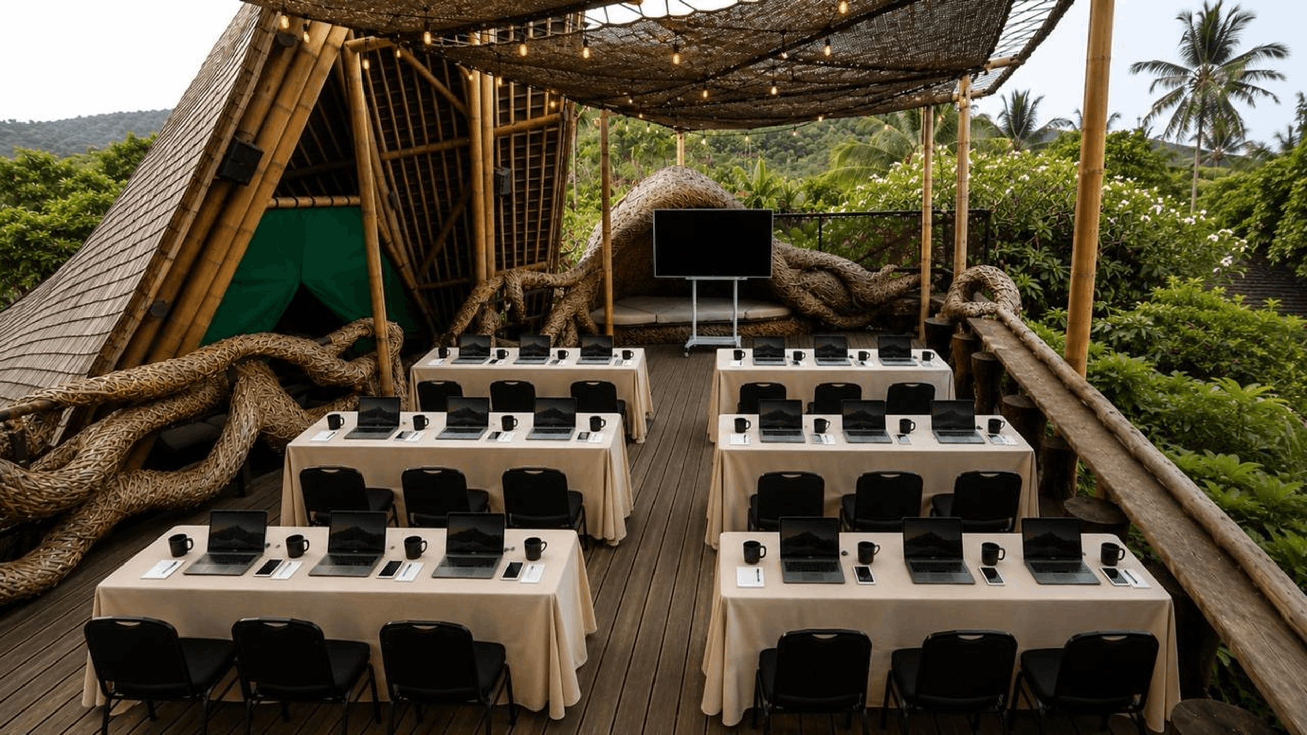 Long dining table set for a group at The Seed Bali.