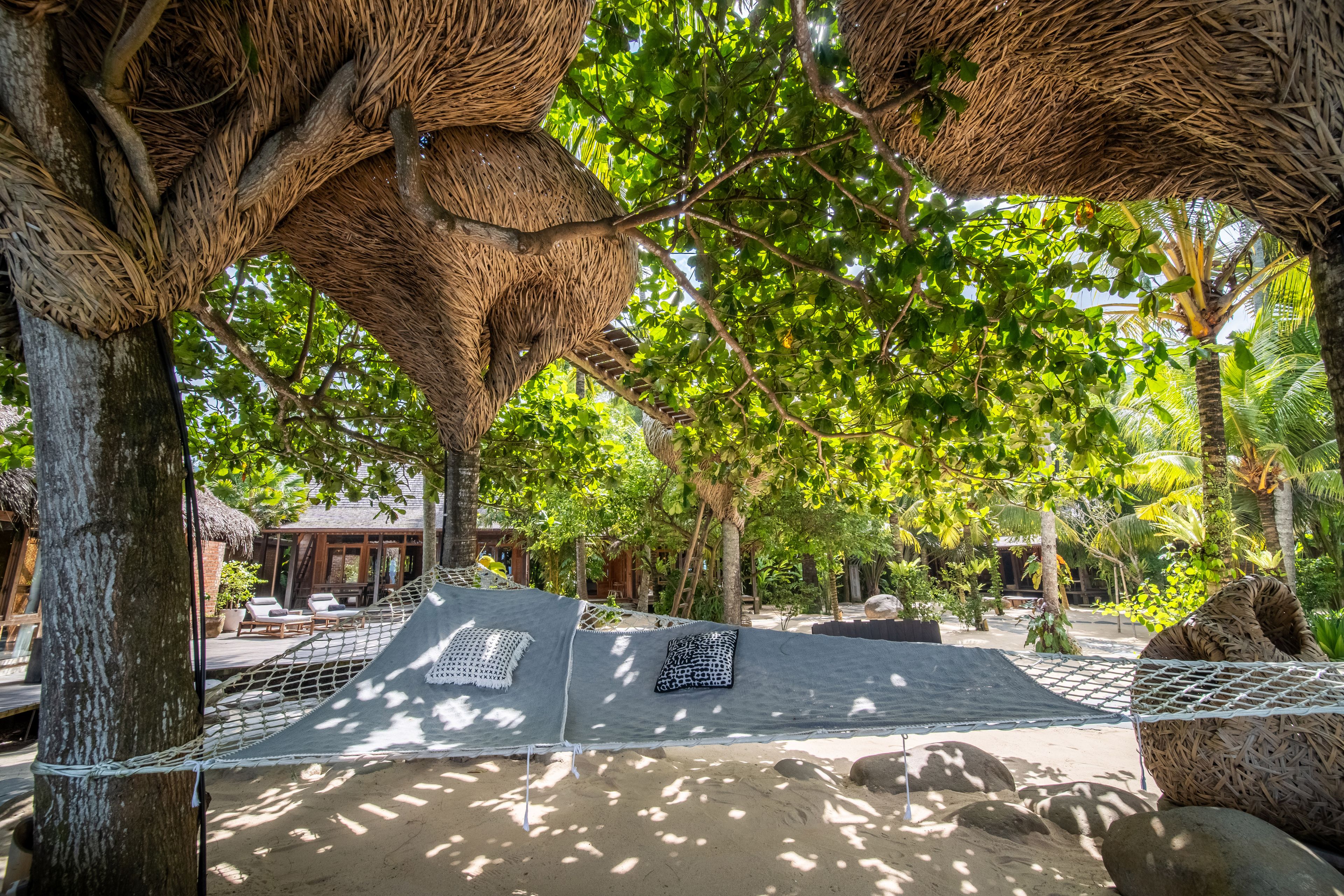 A hammock strung in the shade beneath the woven pods built into the tree.