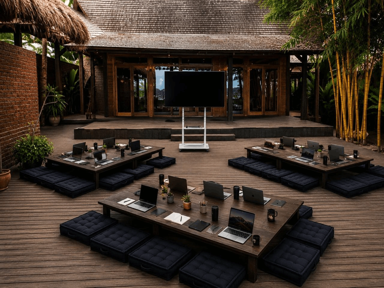 Low tables and floor cushions set with laptops on a timber deck, facing a screen in front of a shingle-roofed pavilion.