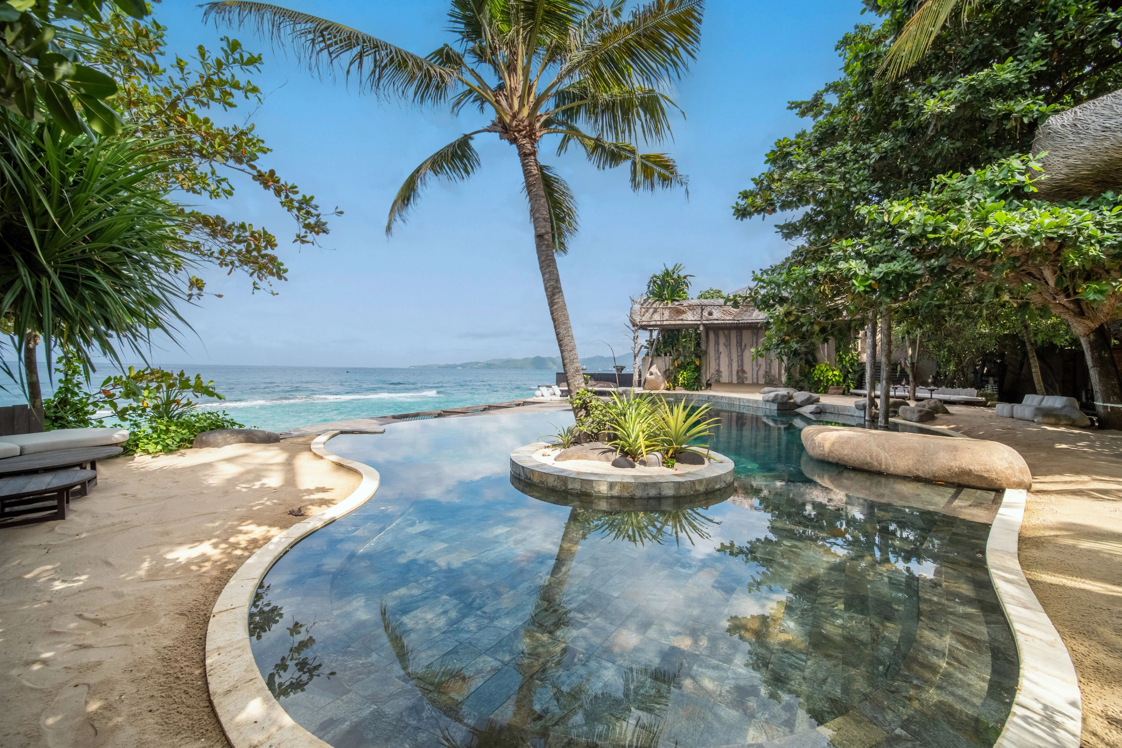 The main pool curving around its planted island under a tall palm, the sea directly beyond.