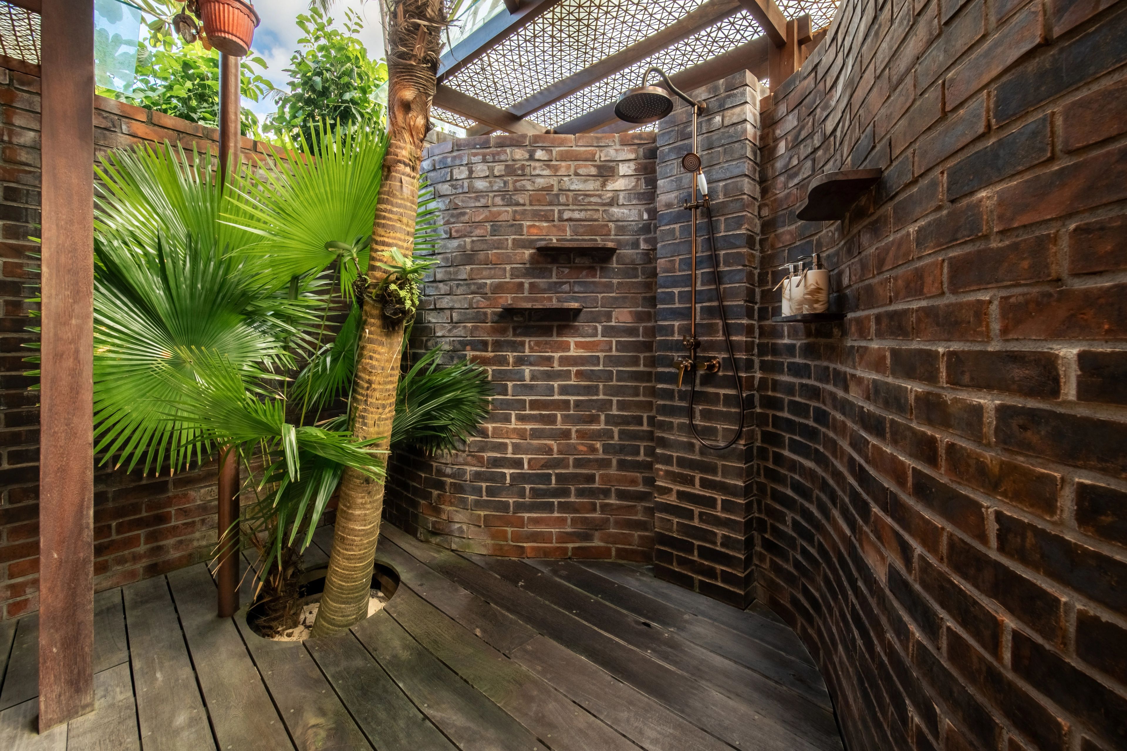A shower set against the brick wall of the open-air bathroom, a palm growing through the deck.