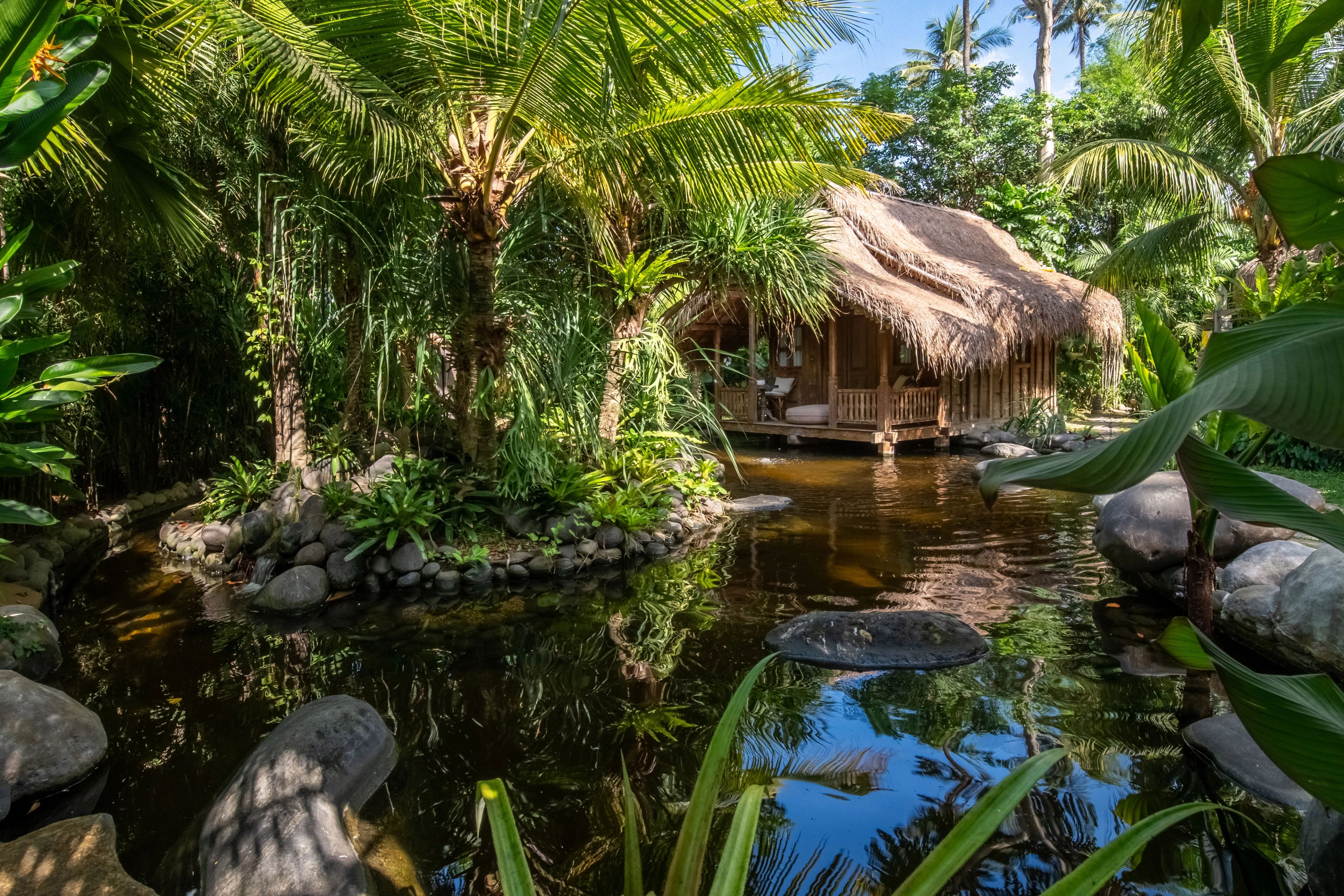 The Pond House mirrored in the still water of the koi pond that wraps around it.