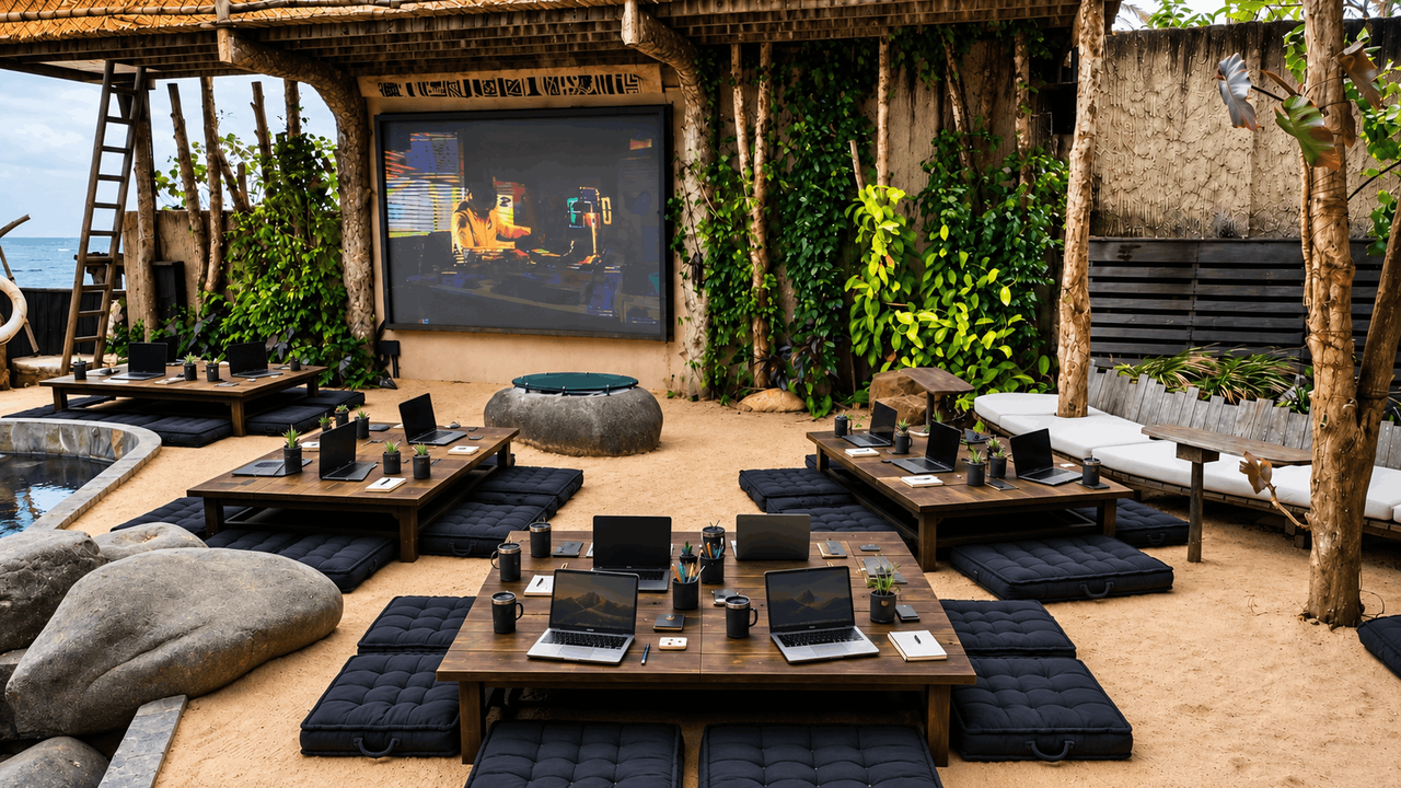 Outdoor cinema screen playing aerial coastline footage beside the pool and sandy lounge area at The Seed Bali.