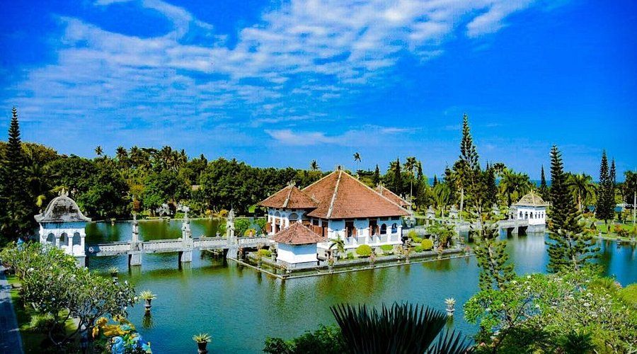 Causeways and pavilions across the water at Taman Ujung.