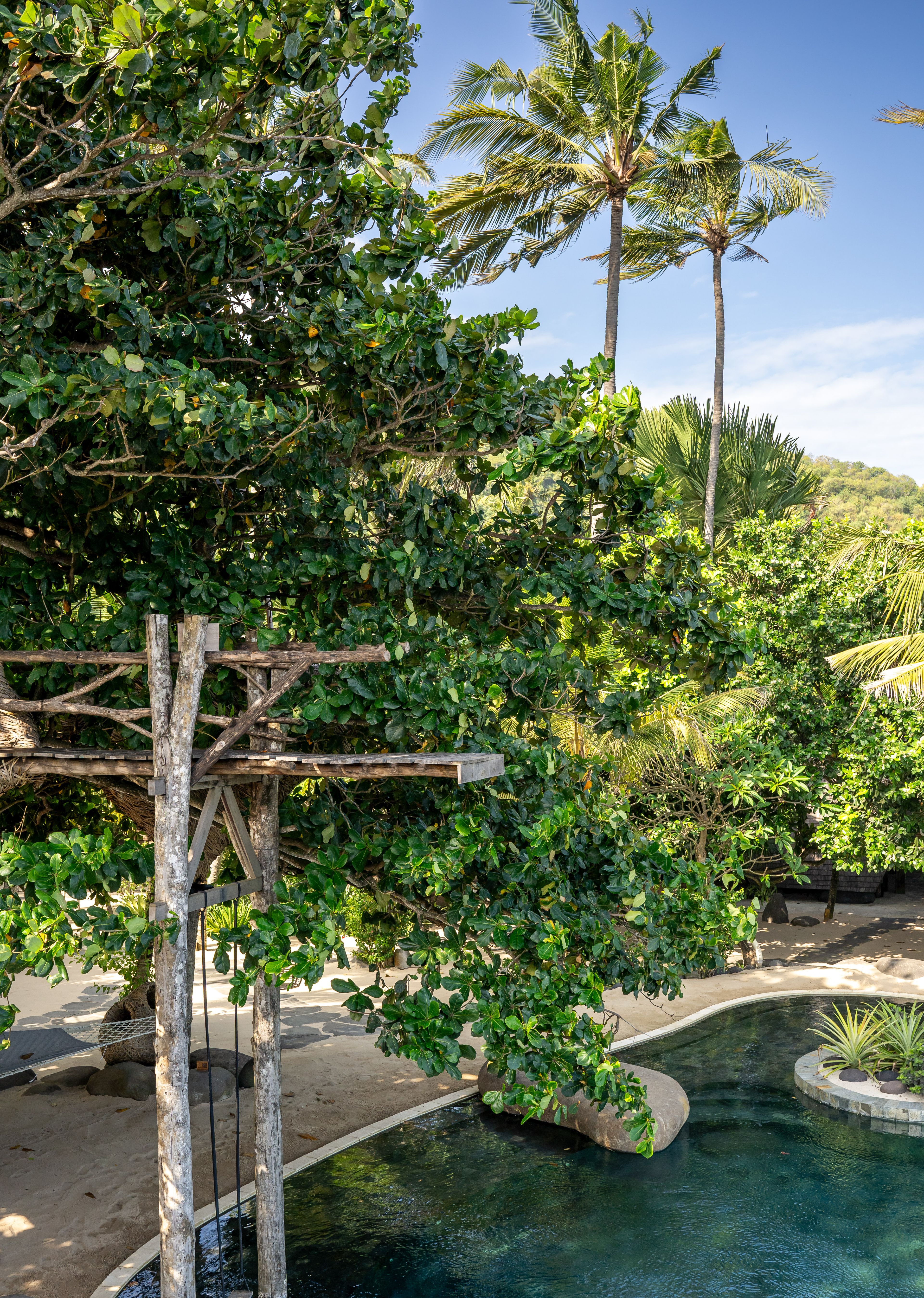 A raised timber walkway with a rope rail, running through the trees above the pool.