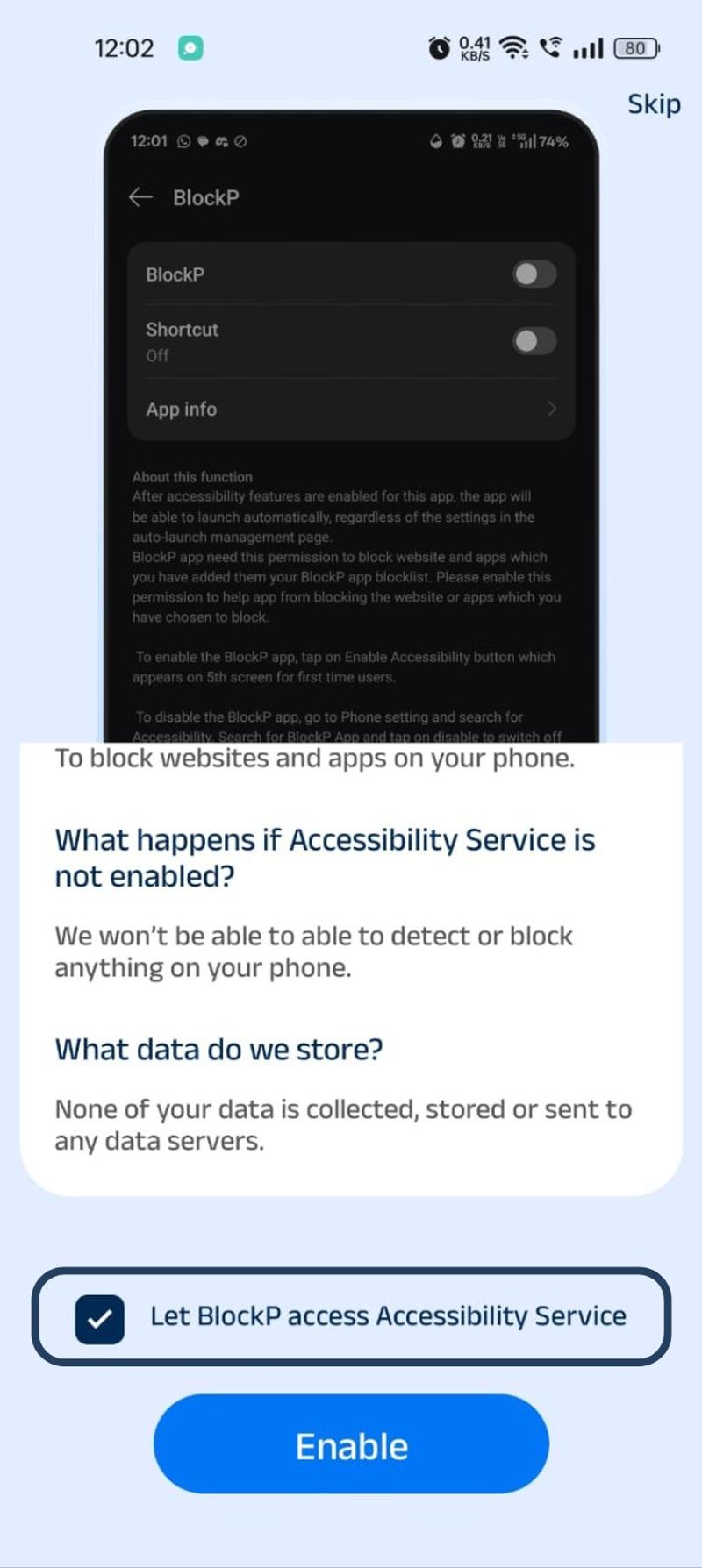 Haga clic en Permitir que BlockP acceda a los servicios de accesibilidad