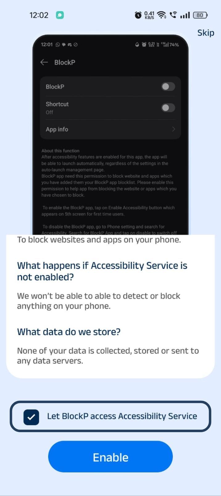 Haga clic en Permitir que BlockP acceda a los servicios de accesibilidad