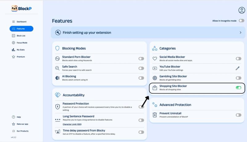 enable shopping site blocker