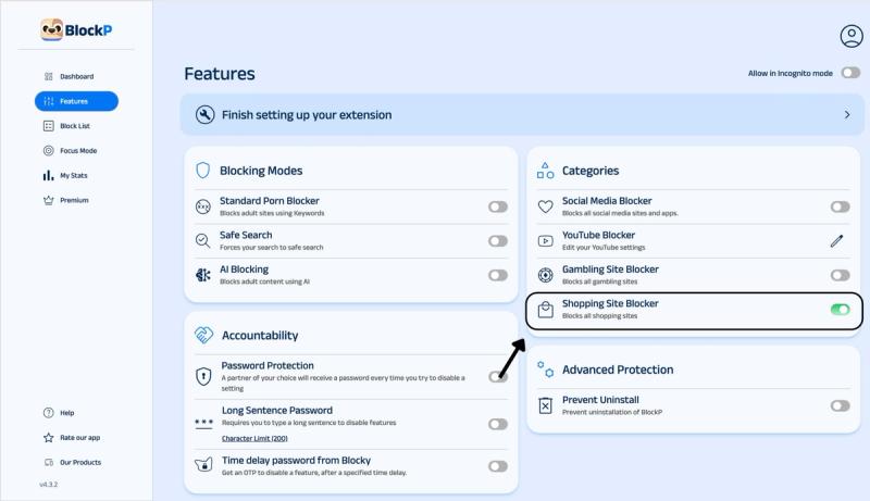 enable shopping site blocker