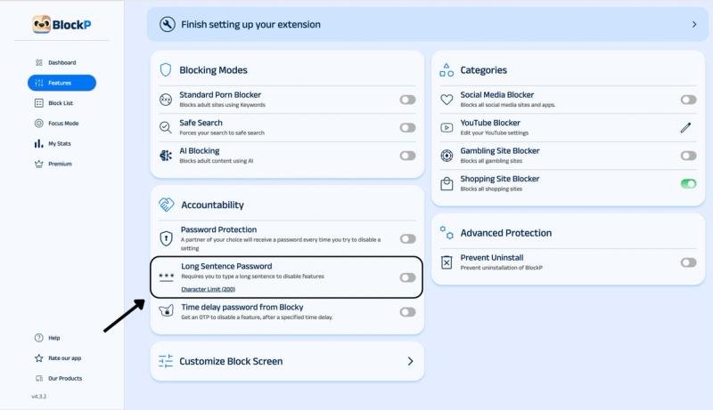 long sentence password feature in blockp extension