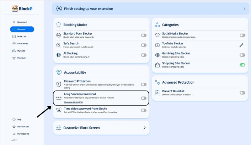 long sentence password feature in blockp extension