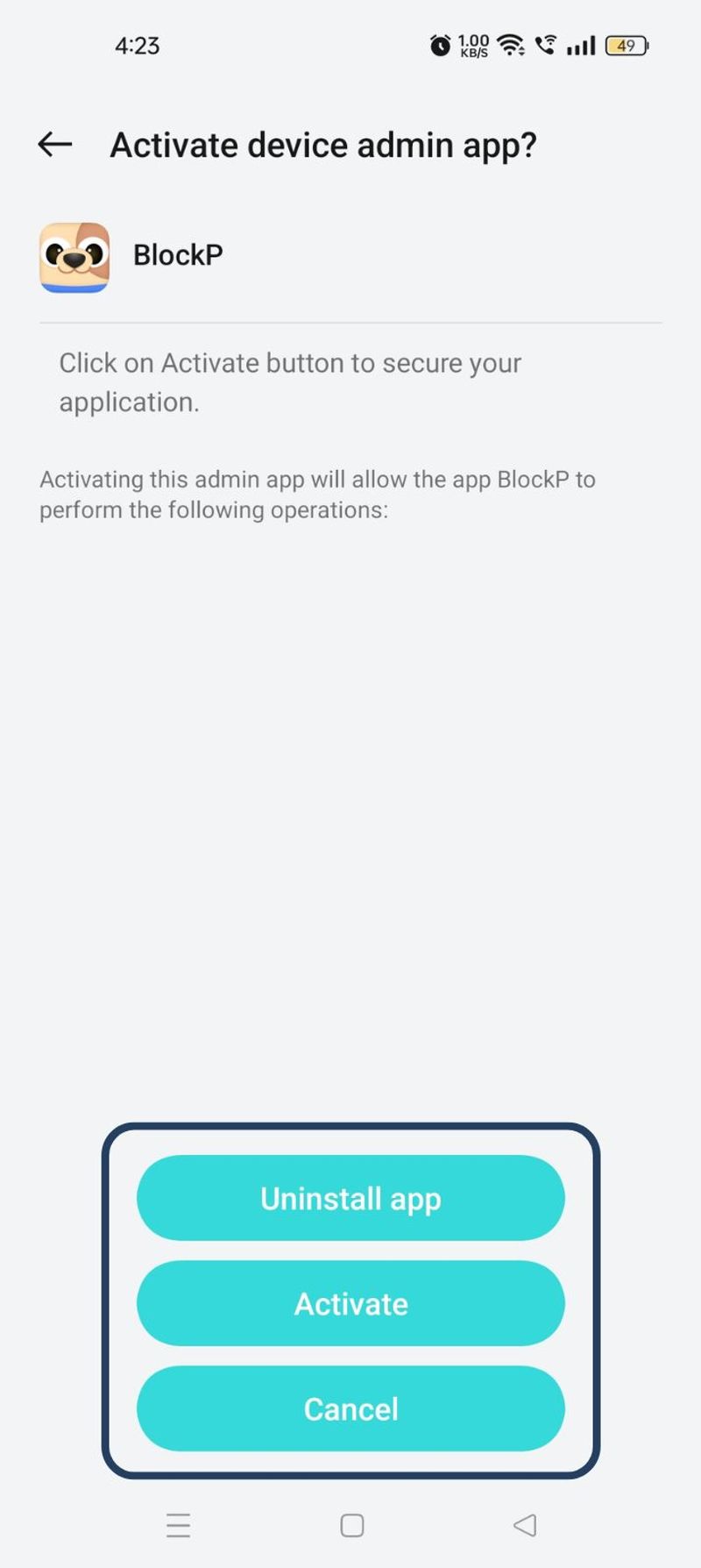 Activate button to grant BlockP Device Admin permission