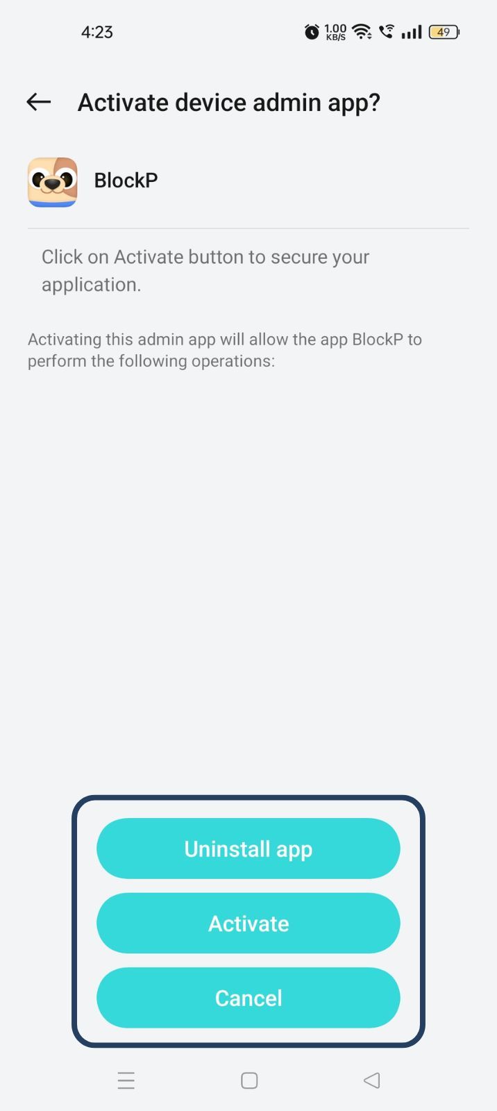 Activate button to grant BlockP Device Admin permission