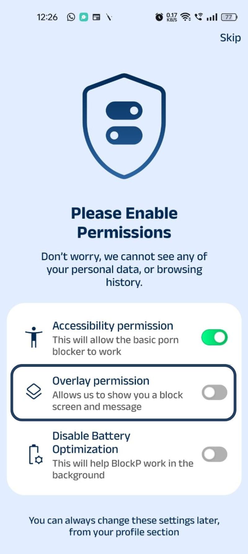 habilitar permiso de superposición en blockp