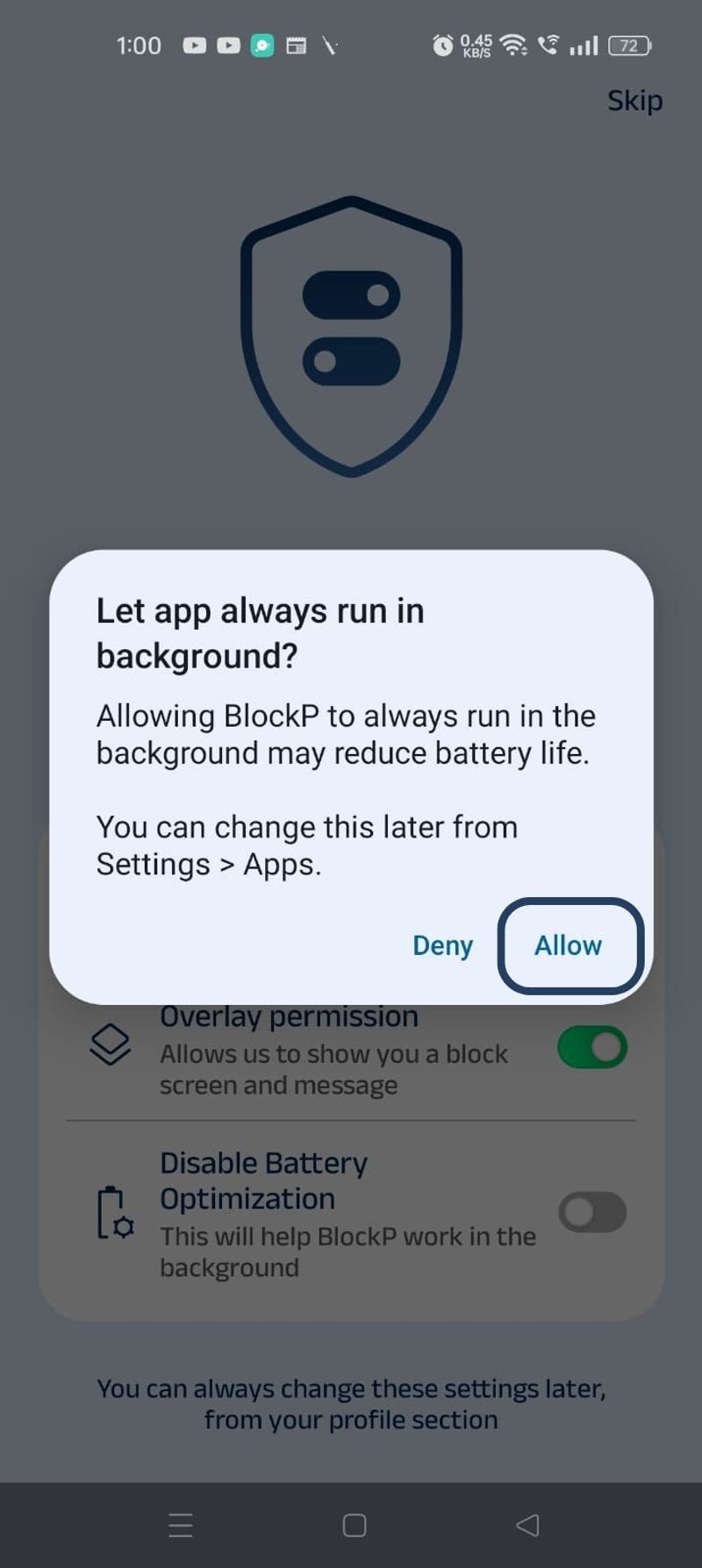 Botón para permitir la desactivación de la optimización de la batería