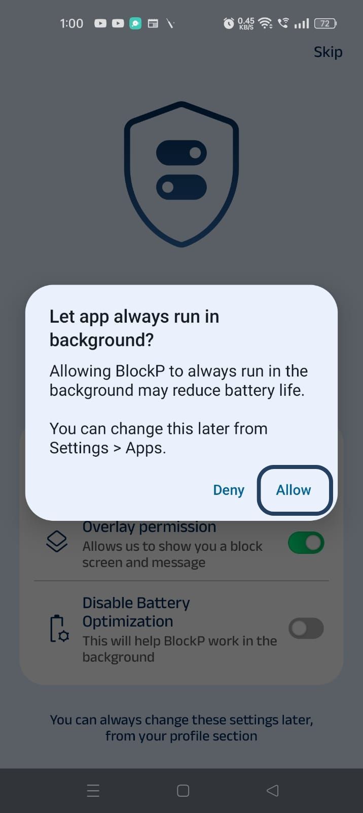 Botón para permitir la desactivación de la optimización de la batería