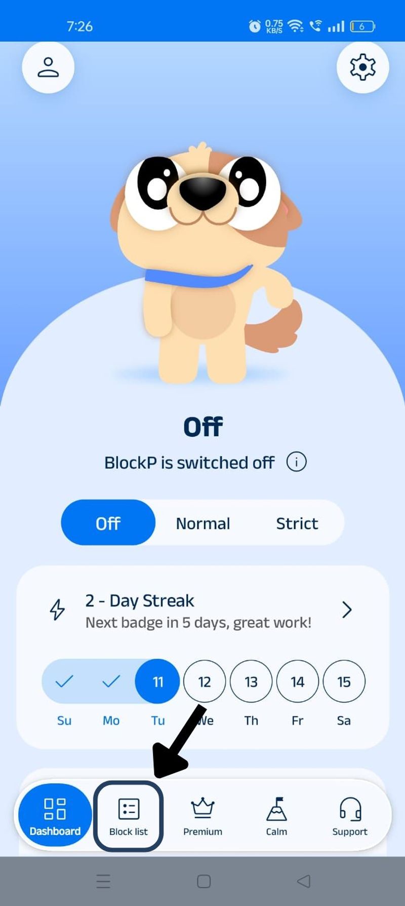 find blocklist option on home page on blockp app