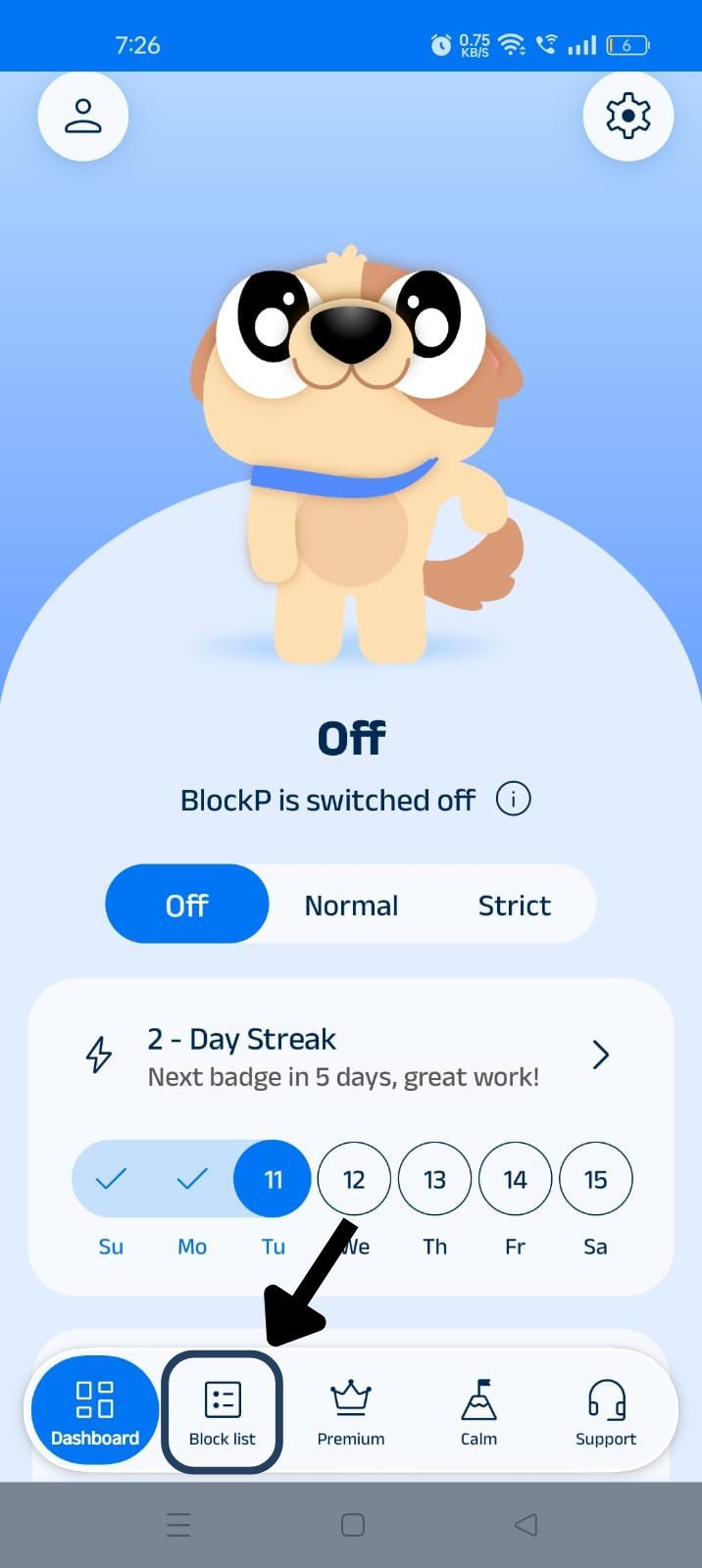 find blocklist option on home page on blockp app