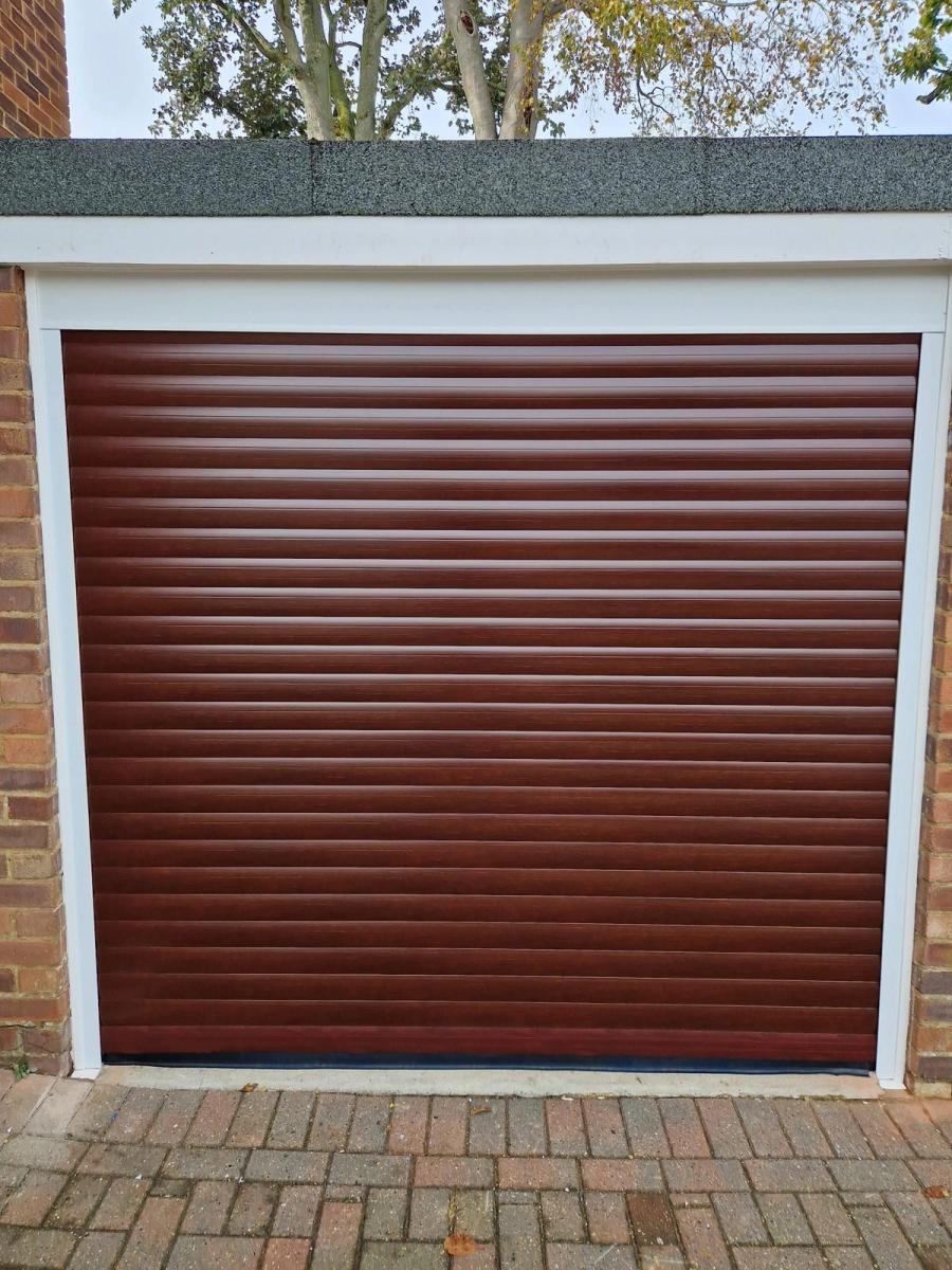 Rosewood woodgrain roller garage door