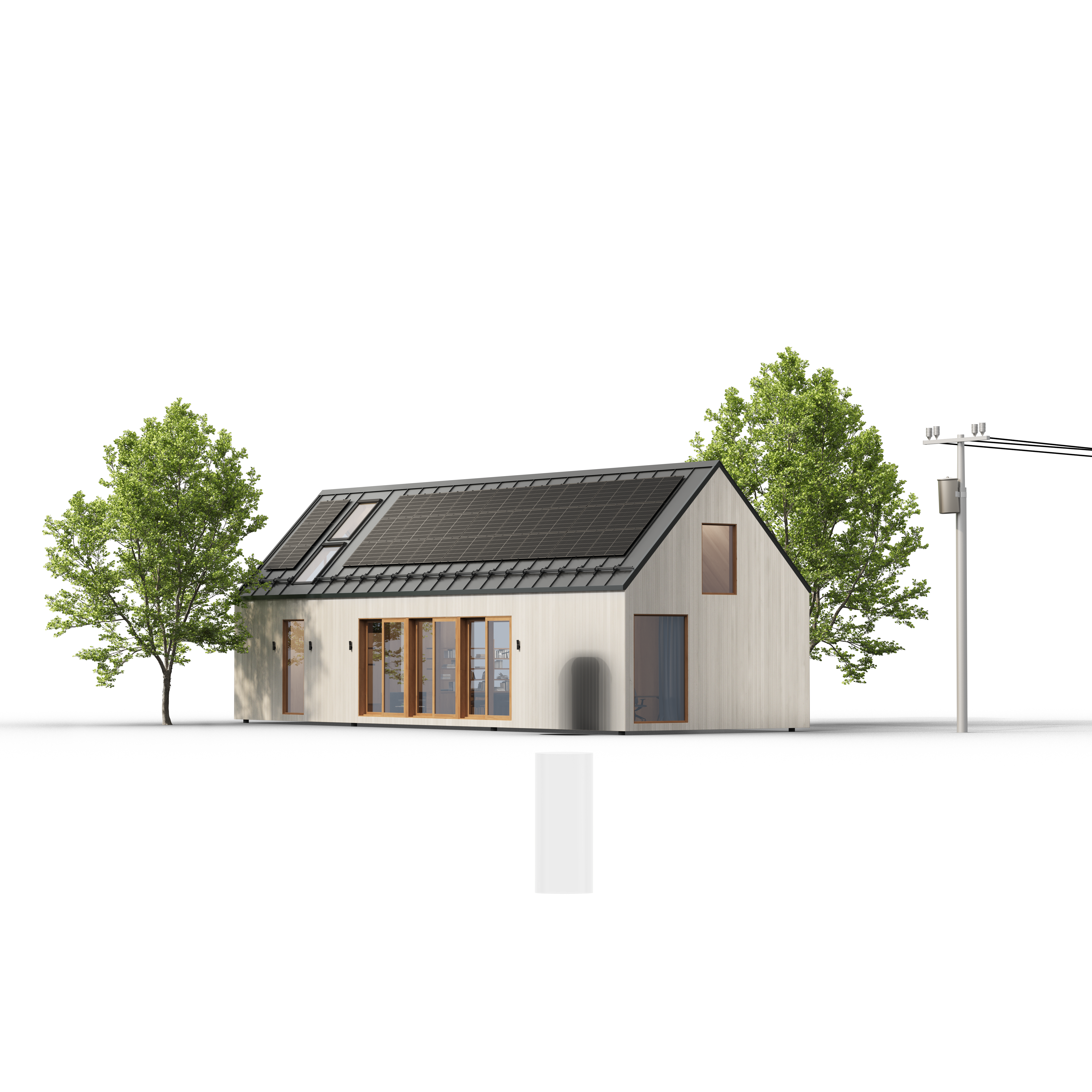 A modern, minimalist house with a pitched roof featuring solar panels. It is flanked by two trees, with a power line pole nearby. In the summer season.