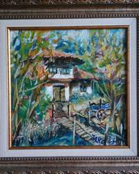 Peinture à l'huile - maison de campagne se niche au cœur d'un écrin de verdure.