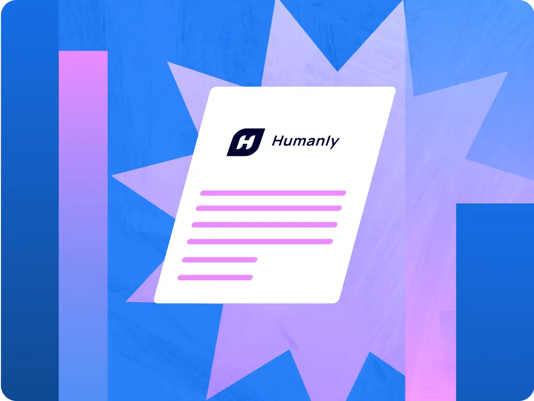 Illustration of a document with the Humanly logo on it, set against a blue and pink abstract background.