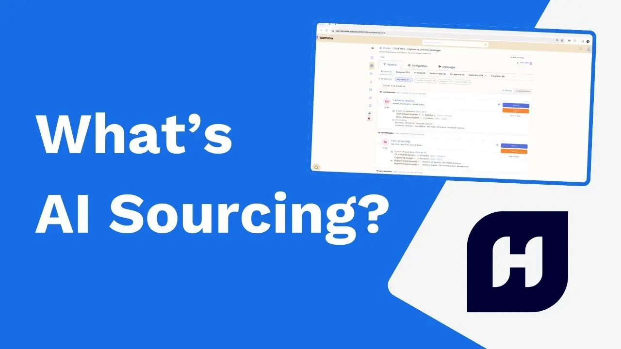 A presentation slide on a dark blue background with the question "What's AI Sourcing?" in large white text. The Humanly 'H' logo is in the bottom right, and a screenshot of a Teamable software interface is displayed in the top right corner.