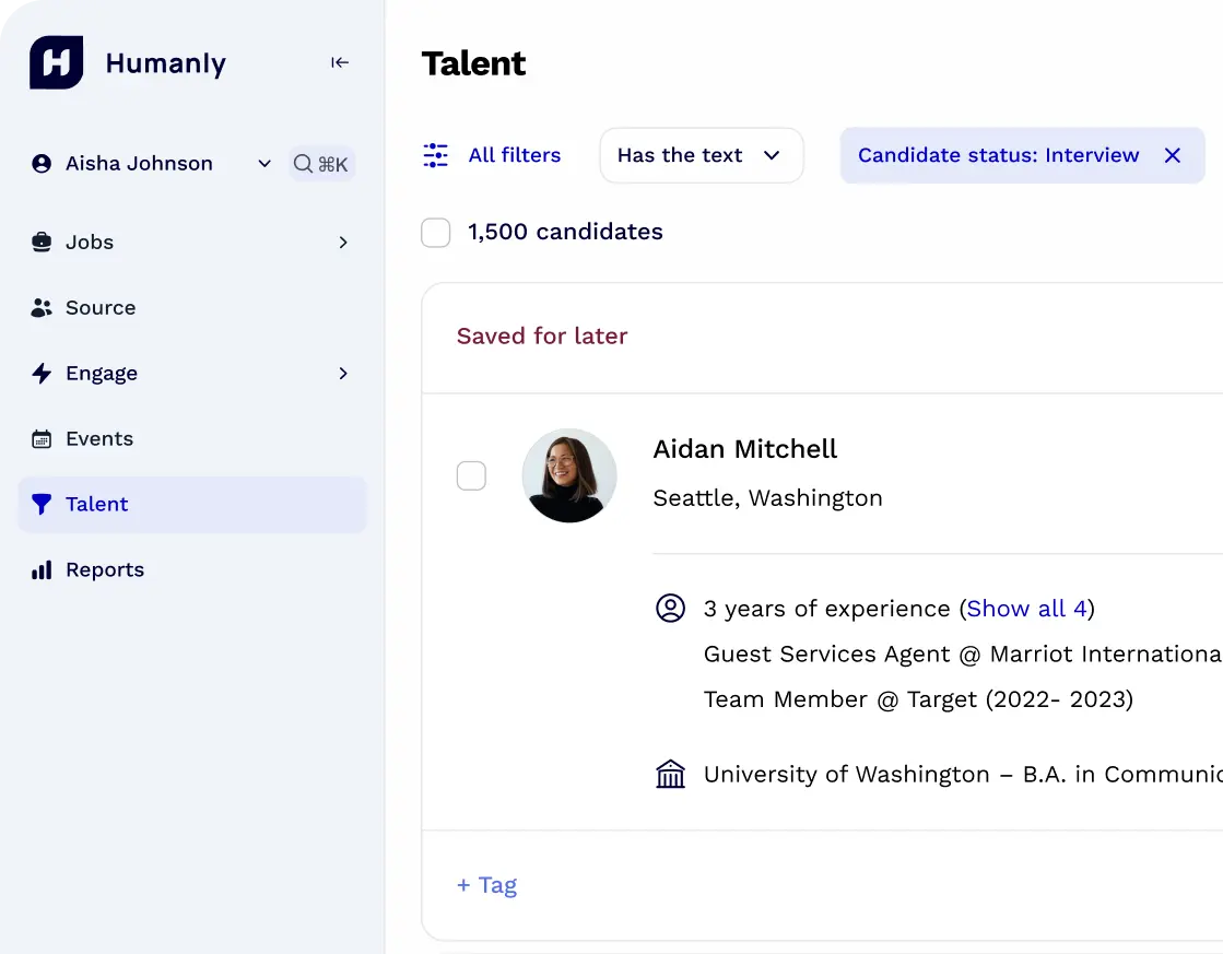 Humanly dashboard talent page