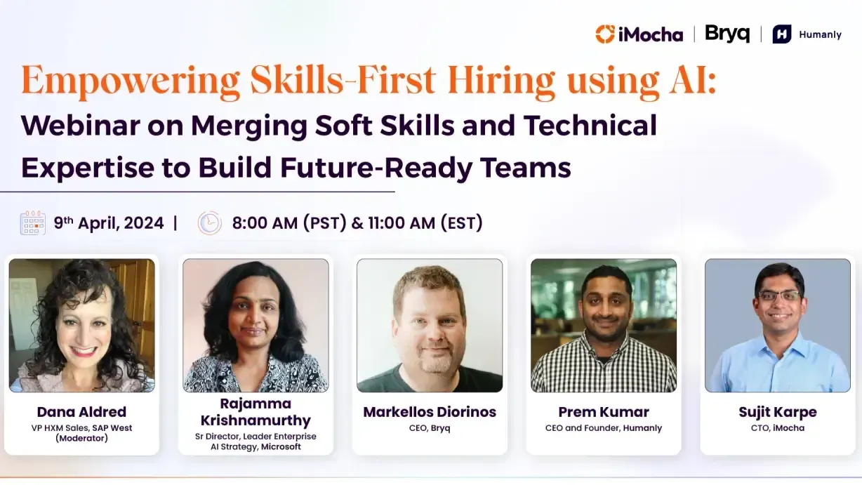 A promotional graphic for a webinar titled "Empowering Skills-First Hiring using AI: Webinar on Merging Soft Skills and Technical Expertise to Build Future-Ready Teams". The webinar, scheduled for April 9th, 2024 at 8:00 AM (PST) & 11:00 AM (EST), is presented by iMocha, Bryq, and Humanly. Featured speakers include Dana Aldred, Rajamma Krishnamurthy, Markellos Diorinos, Prem Kumar, and Sujit Karpe, with their photos and titles listed below.
