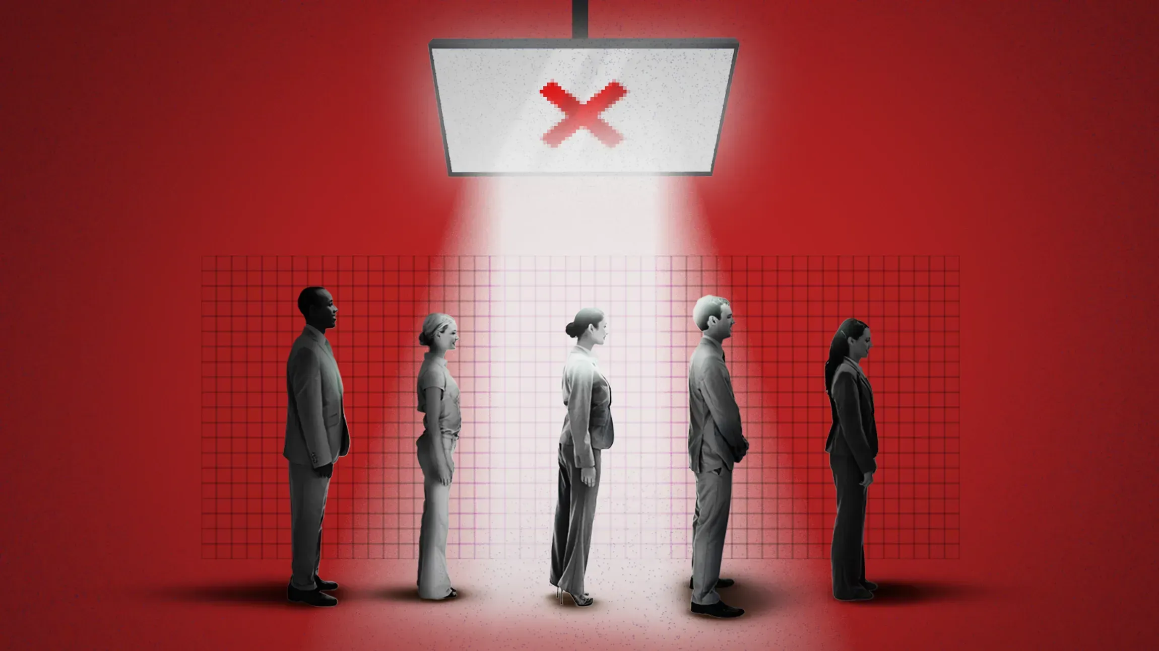 A black and white image, heavily contrasted with red tones, shows a line of five people (potential candidates) standing under a screen. The screen displays a large red 'X' with static, suggesting rejection, failure, or exclusion in a highly controlled environment. The person directly under the spotlight appears to be rejected.