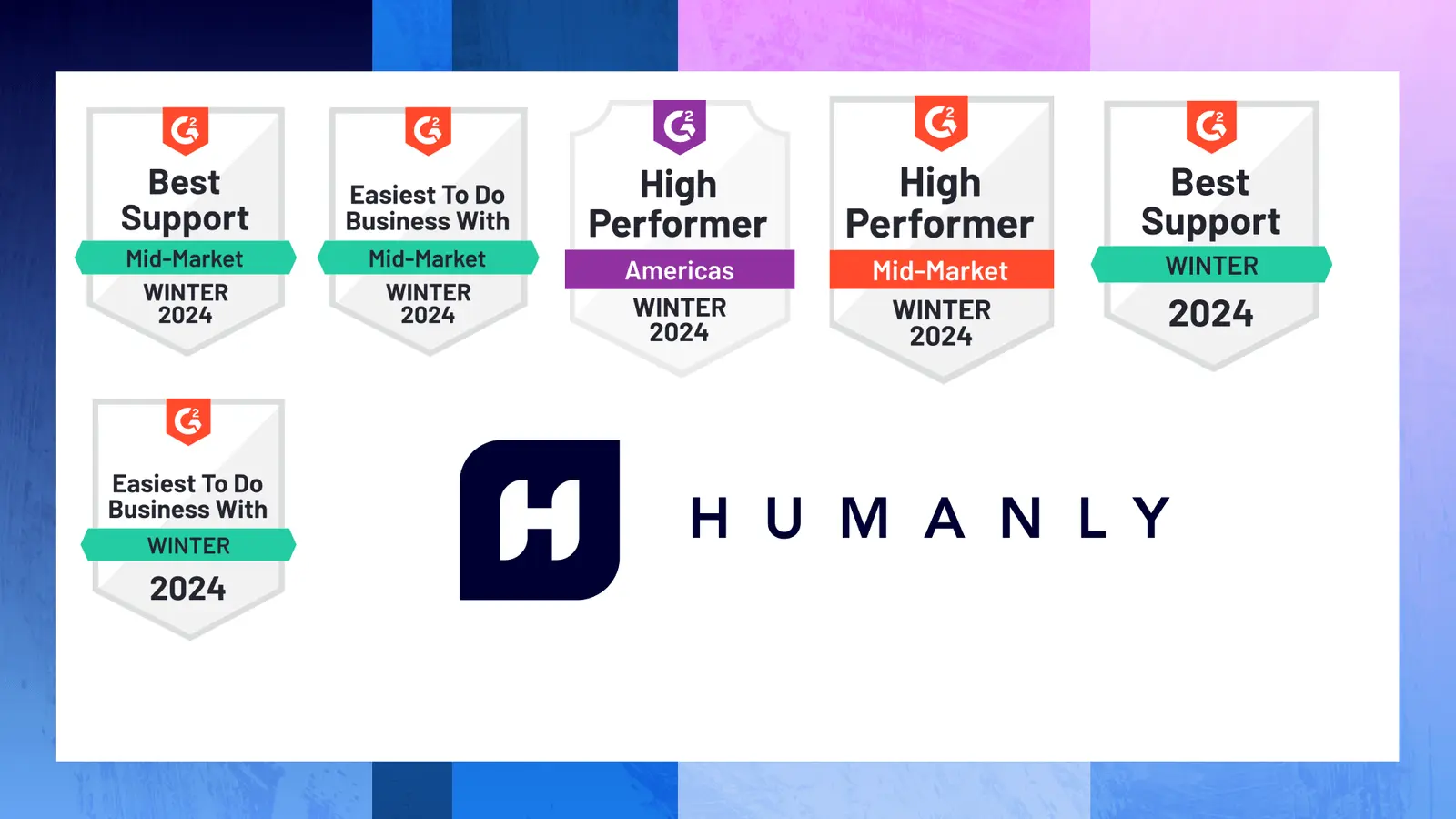 A collection of seven G2 award badges from the Winter 2024 season, displayed above the Humanly logo and name. The badges include titles like "Best Support", "Easiest To Do Business With", and "High Performer" across various categories, including Mid-Market and Americas.