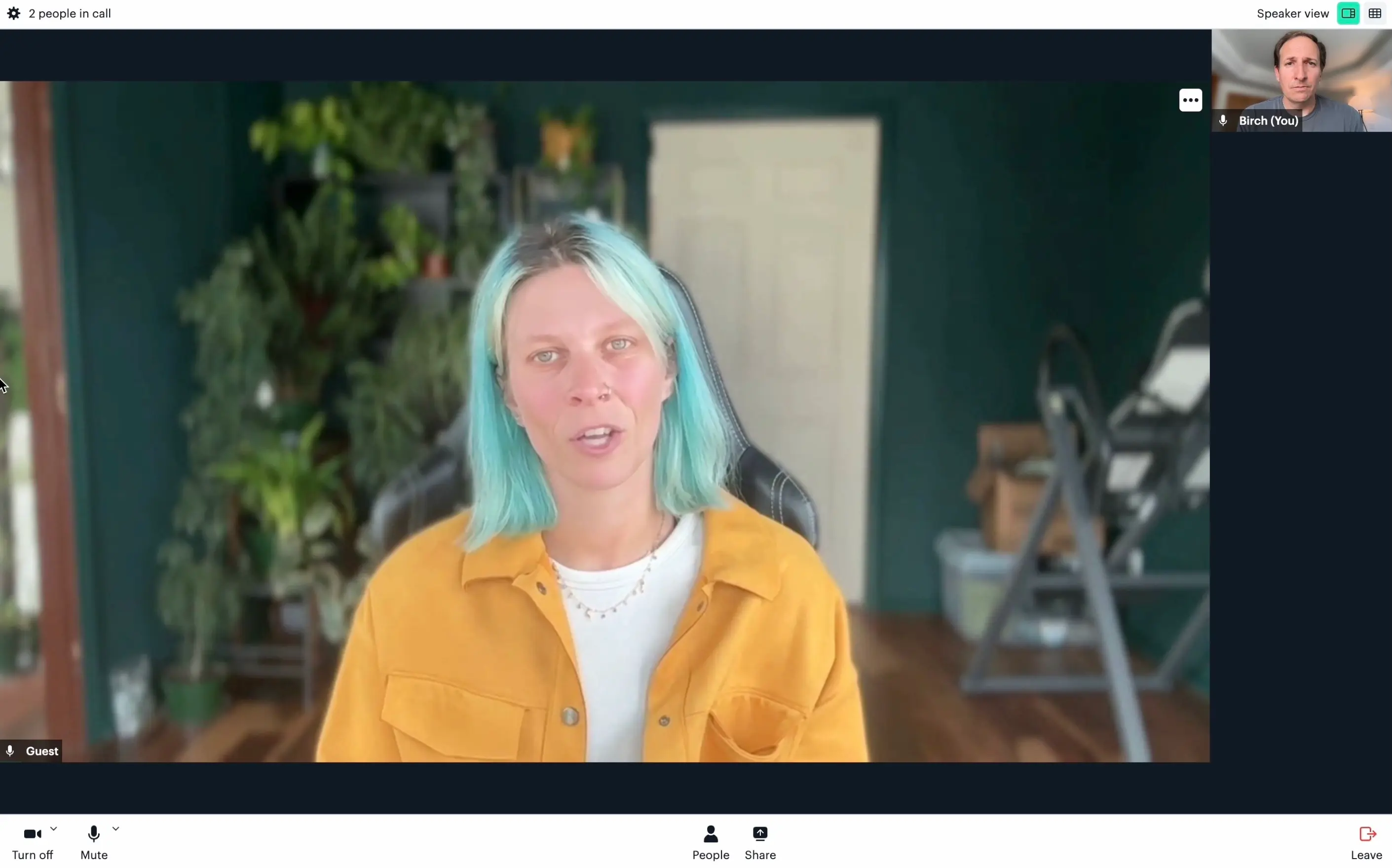 A screenshot of a video conference call with two participants. The main view shows a young woman with light blue hair and a mustard-yellow shirt speaking, with a lush background of indoor plants against a dark teal wall. A smaller window in the top right corner shows the second participant, labeled "Birch (You)". The call interface indicates "2 people in call".