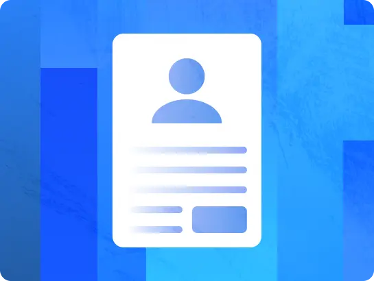 White profile/resume icon on a blue abstract background.