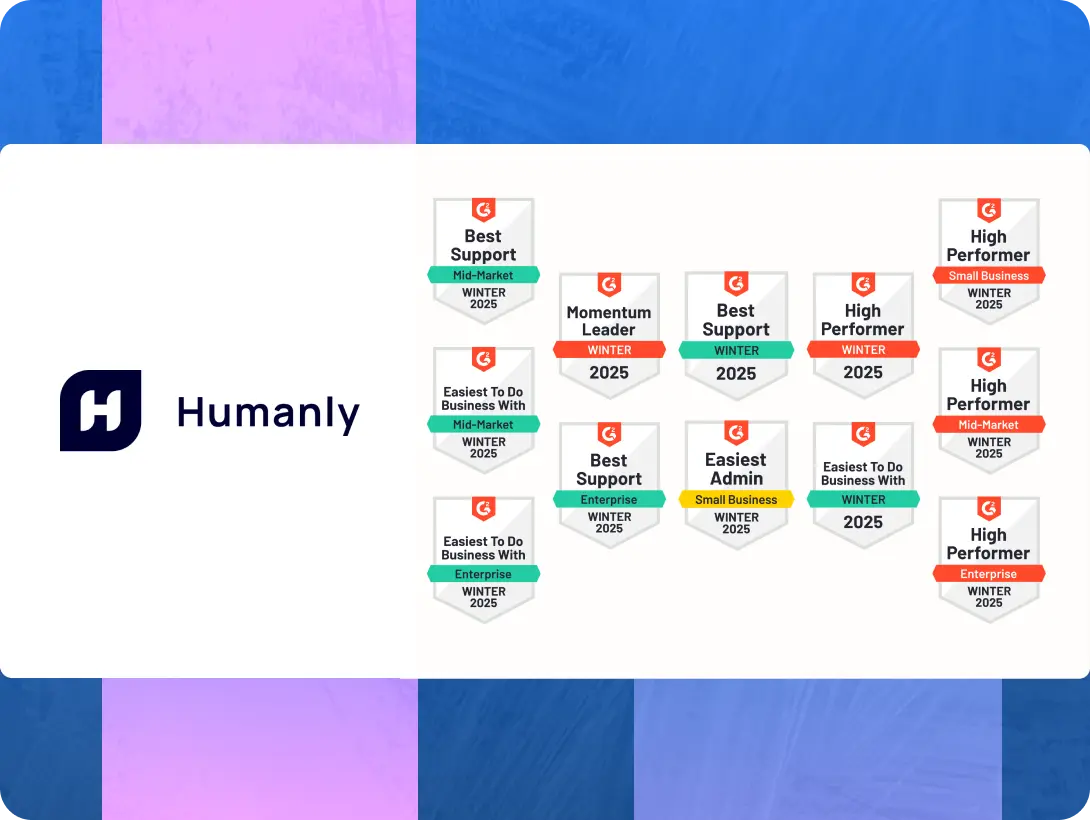 A collection of twelve G2 award badges from the Winter 2025 season, displayed next to the Humanly logo and name. The awards include categories like "Best Support", "Easiest To Do Business With", "High Performer", "Momentum Leader", and "Easiest Admin" across market segments including Mid-Market, Enterprise, and Small Business.