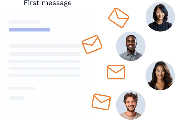 Illustration showing messages being sent from a document to multiple candidate profiles, representing automated outreach.
