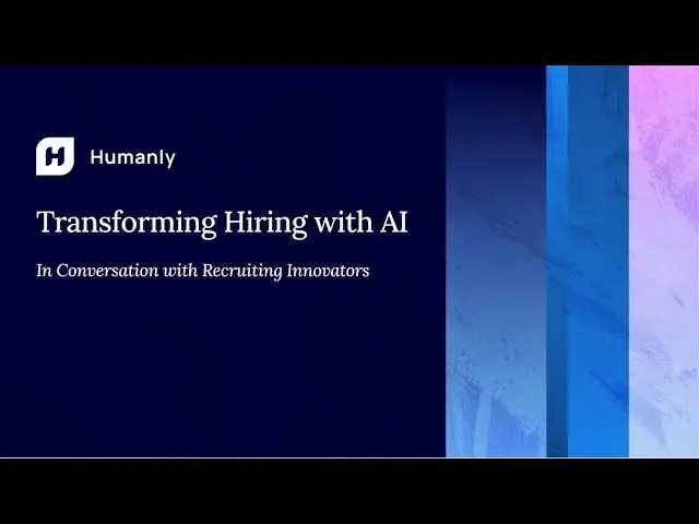 A presentation slide on a dark blue background with the Humanly logo and name in the top left. The title reads "Transforming Hiring with AI" in large white text, followed by the subtitle "In Conversation with Recruiting Innovators". The right side of the slide features abstract vertical columns of deep blue, bright blue, and pink/purple.
