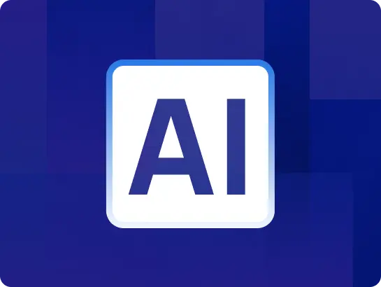 A white icon with rounded blue border containing the letters AI in dark purple against a deep blue, geometric background.