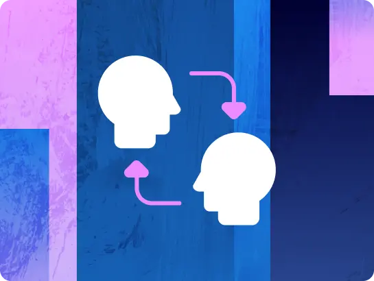  A stylized icon featuring two white human head silhouettes facing each other, with pink curved arrows indicating a two-way exchange or flow of information between them, set against a vibrant blue and purple abstract background.