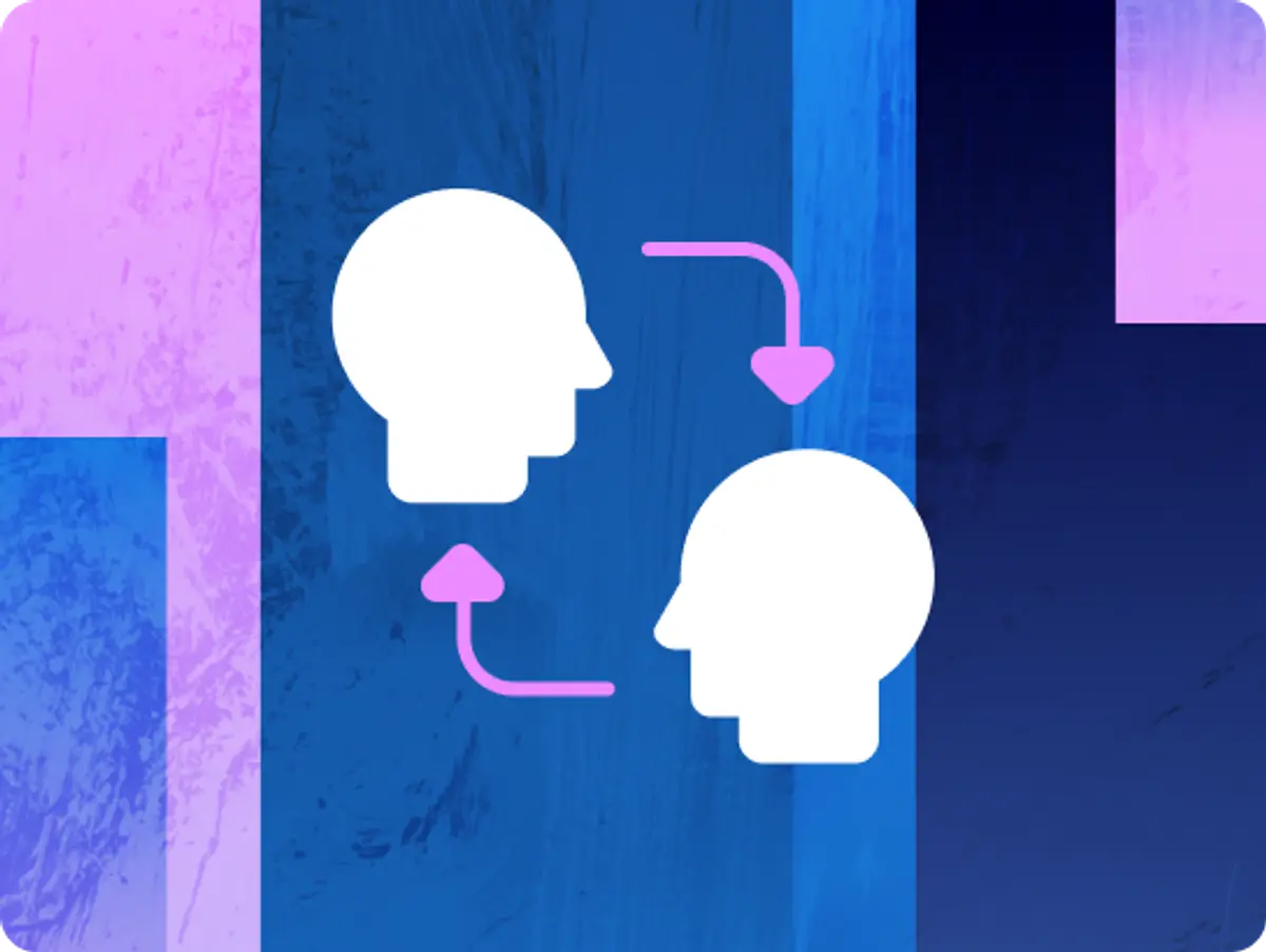A stylized icon featuring two white human head silhouettes facing each other, with pink curved arrows indicating a two-way exchange or flow of information between them, set against a vibrant blue and purple abstract background.
