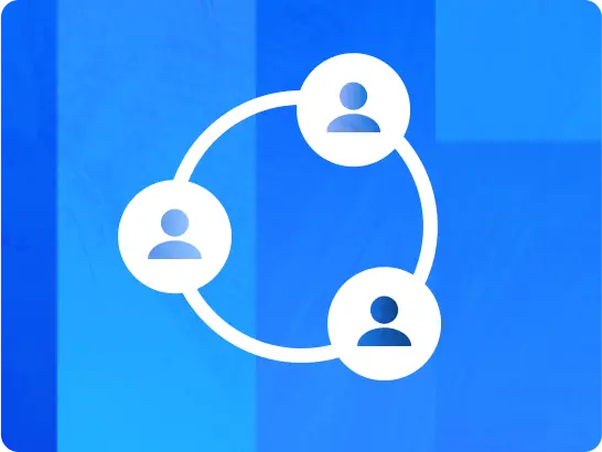 A white circular icon showing three person silhouettes (each within a circle) connected by a circular line, representing a network, team, or collaborative group. The graphic is set against an abstract background of varying shades of blue.