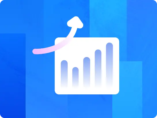 A graphic icon featuring a white bar chart with four vertical bars, representing data or statistics. A pink, upward-curving arrow shoots up and to the right over the chart, symbolizing growth, progress, or increasing performance. The graphic is set against an abstract background of various blue tones.