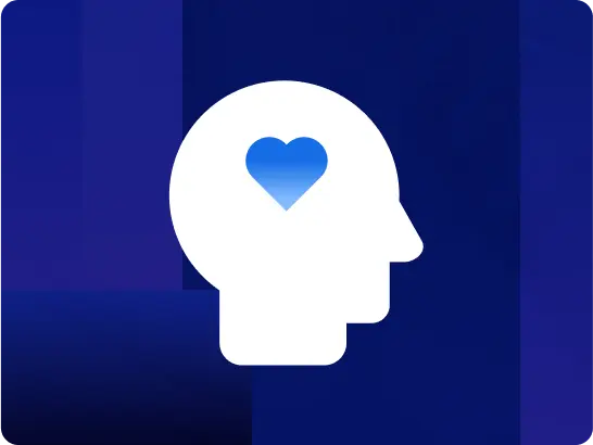 A stylized icon featuring a white human head silhouette in profile, with a blue heart inside the head, symbolizing empathy, emotional intelligence, or caring. The image is set against an abstract background of deep blue and purple tones.