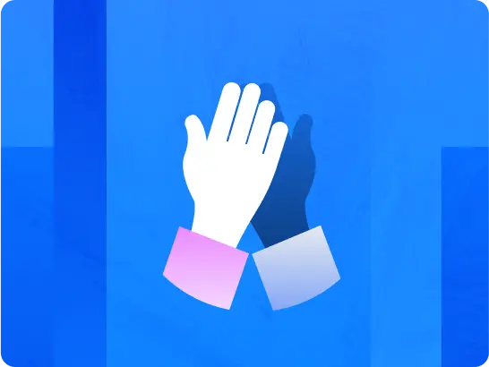 A graphic illustration of two hands in a clapping motion or high-five. One hand is white with a pink-cuffed sleeve, and the other is a dark silhouette with a light gray-cuffed sleeve, symbolizing diversity, collaboration, or applause. The image is set against an abstract background of deep and bright blue tones.