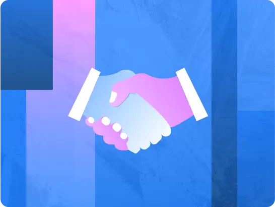 Illustration of two hands shaking in agreement, one blue and one pink, on a blue and purple abstract background.