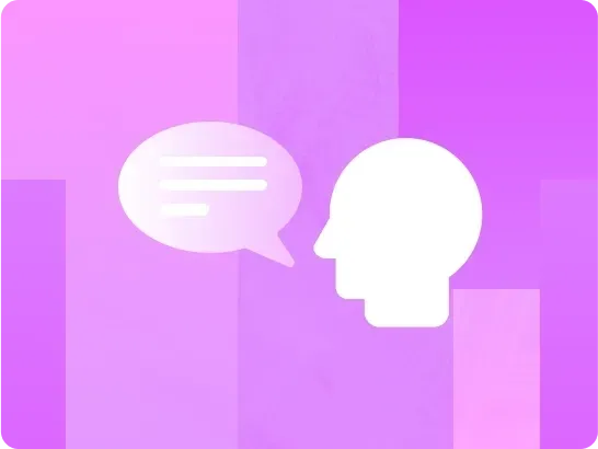 A stylized icon of a white human head silhouette in profile, with a white speech bubble containing three horizontal lines (representing text) emerging from the mouth, set against an abstract background of varying pink and purple tones.