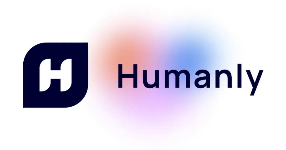 Humanly logo in front of three orange, blue and pink blured circles