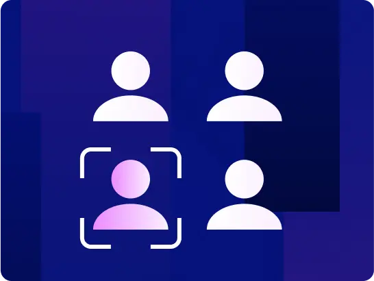 A graphic illustration of four white person icons against a deep blue background. One of the bottom icons, which has a pink-to-white gradient, is enclosed by a square target or facial recognition frame, representing identification, selection, or focusing on a specific user.
