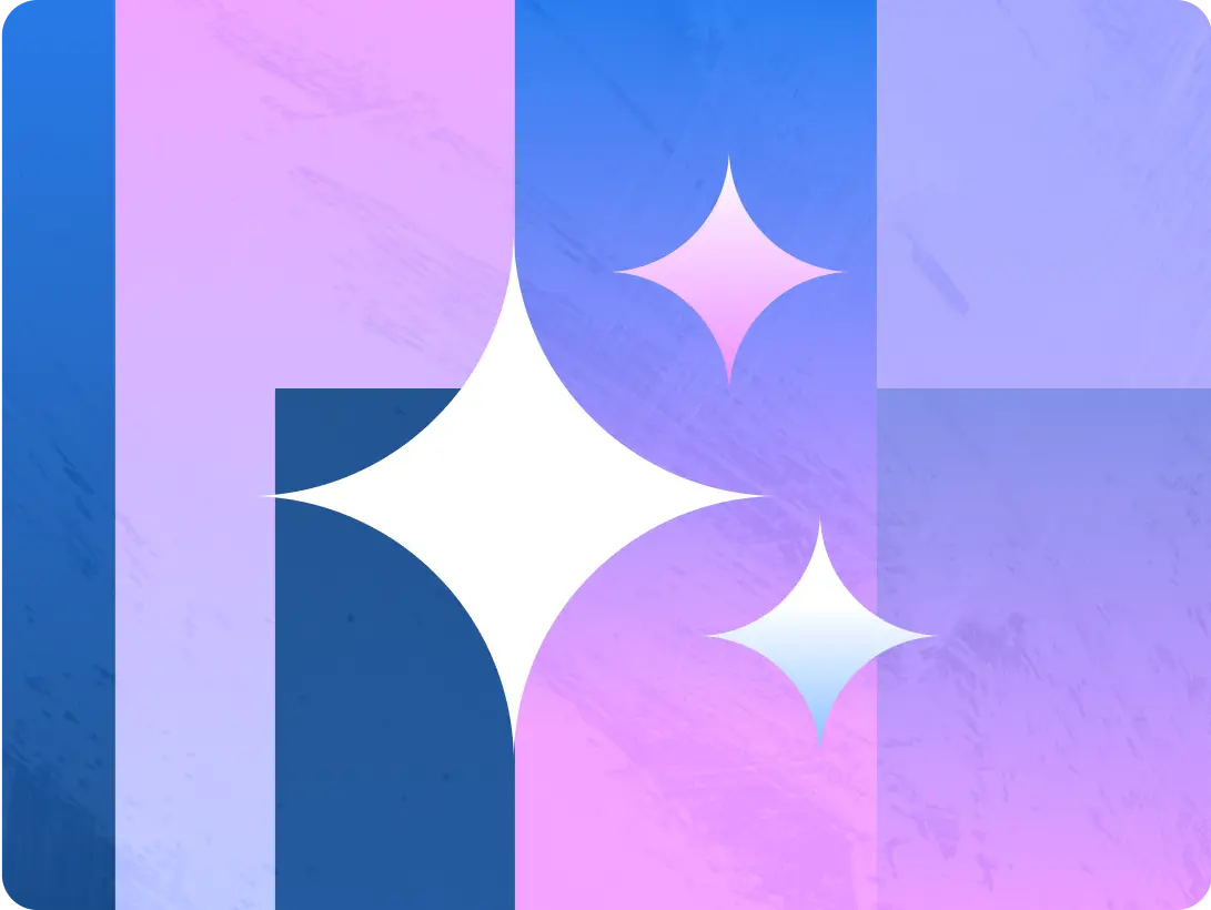 A stylized, abstract background image with three star or sparkle shapes overlaying large, textured vertical and horizontal blocks of blue, purple, and pink color. The star shapes are white and pink/blue gradient.