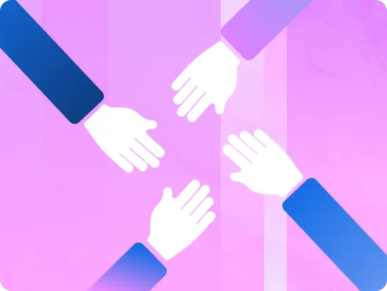 A graphic illustration showing four white hands reaching toward the center of the image, representing teamwork or connection. The hands emerge from arms with varying shades of blue and purple sleeves, set against a vibrant pink and purple geometric background.