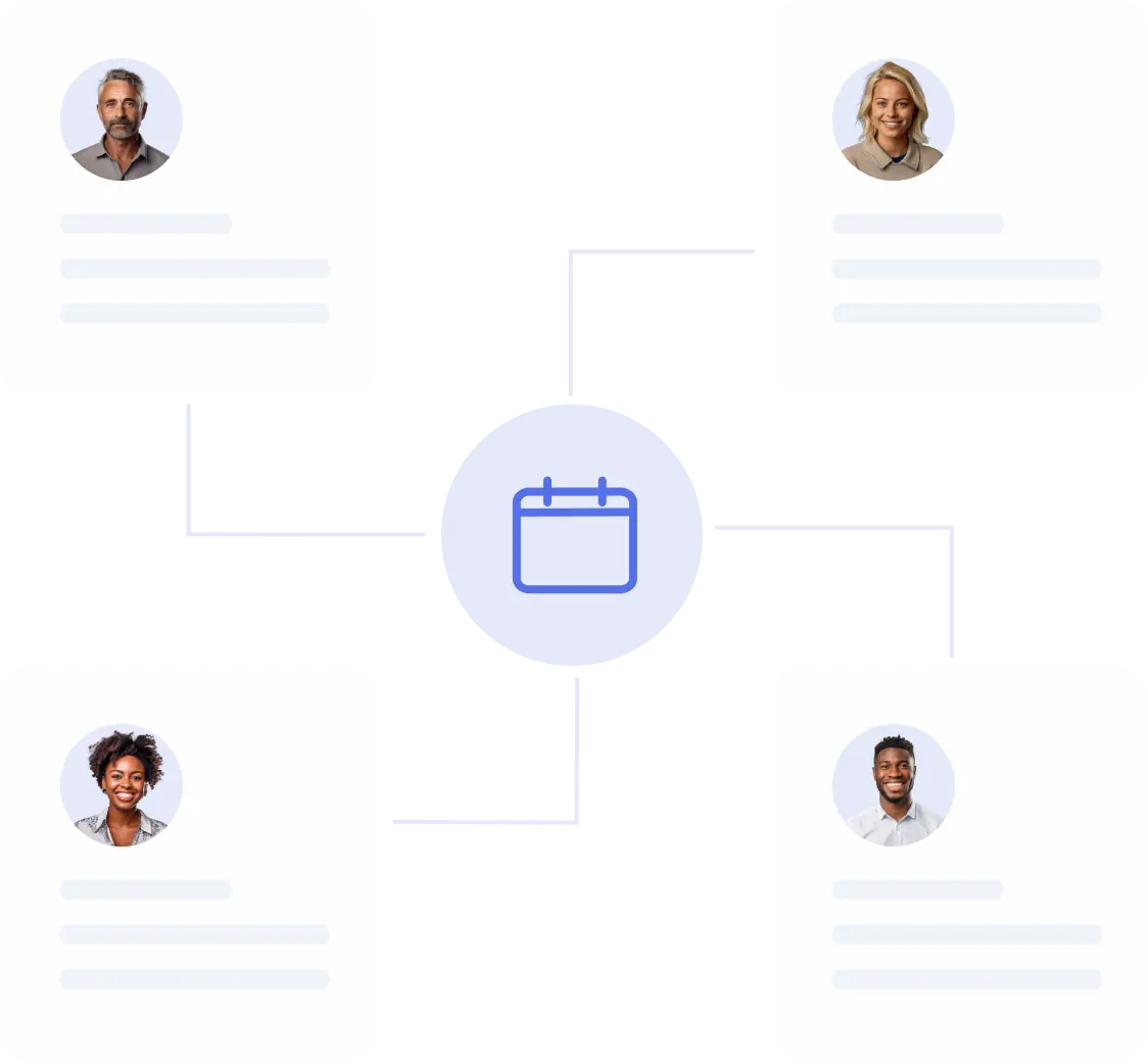 Calendar icon in the center connected to four user profile cards, representing team scheduling.